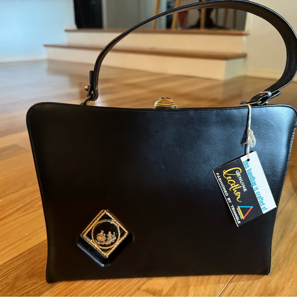 Black Leather Handbag with Gold Accents
